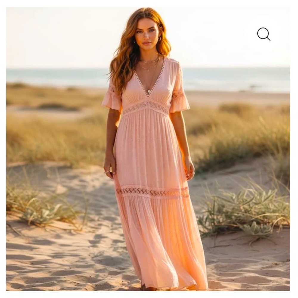 $99 NWT CALSON Pink Delight V-Neck Boho Eyelet Trim Maxi Dress Sz M
